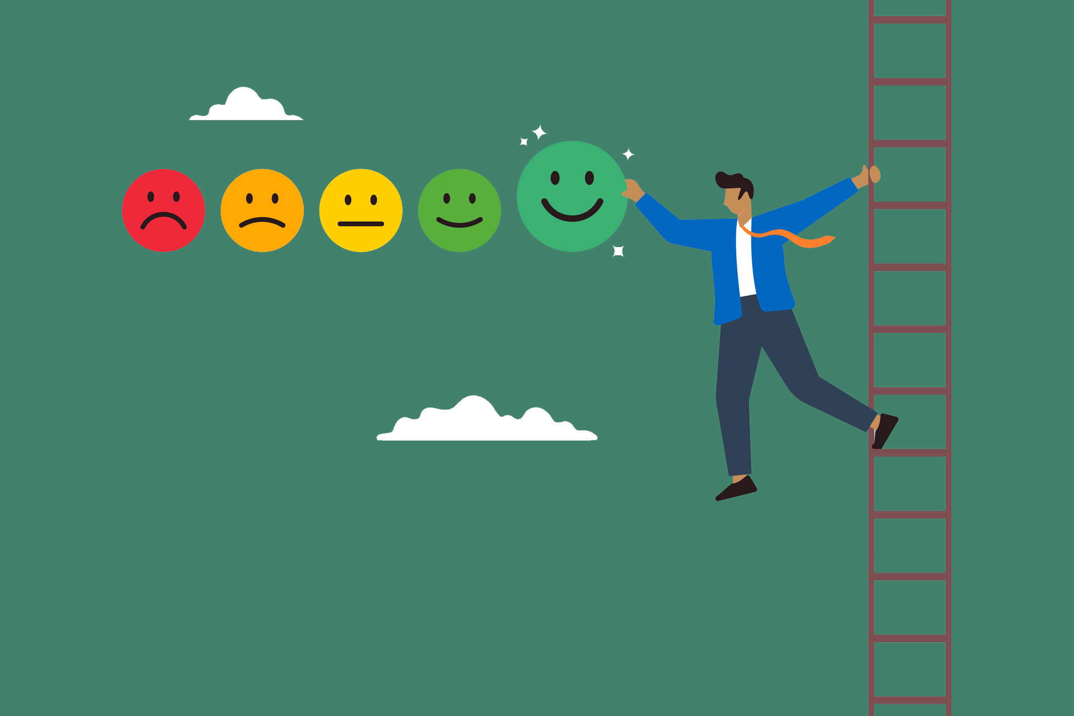 Measuring employee engagement stock illustration Young man on the ladder giving employee engagement rating with smile emoticons stock illustration